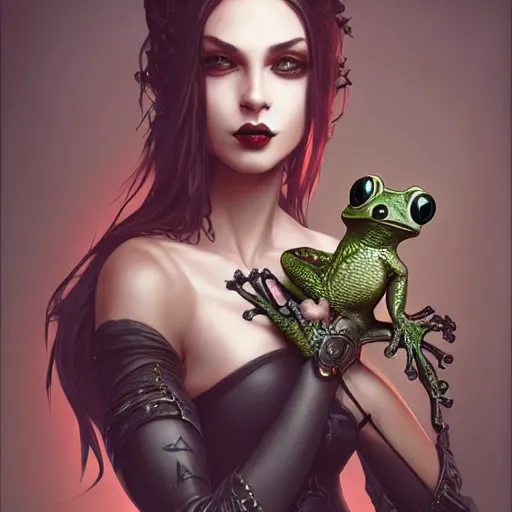 Image similar to attractive goth woman with a frog, intricate, highly detailed, digital painting, artstation, concept art, smooth, sharp focus, illustration, unreal engine 5, 8 k, art by artgerm and greg rutkowski and alphonse mucha