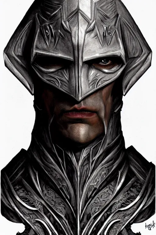 Prompt: head and shoulders portrait of an eldrich knight, drow, dark elf, shadar kai, breastplate, magical, male, high fantasy, d & d, by h. r. giger, face details, extremely detailed, digital illustration