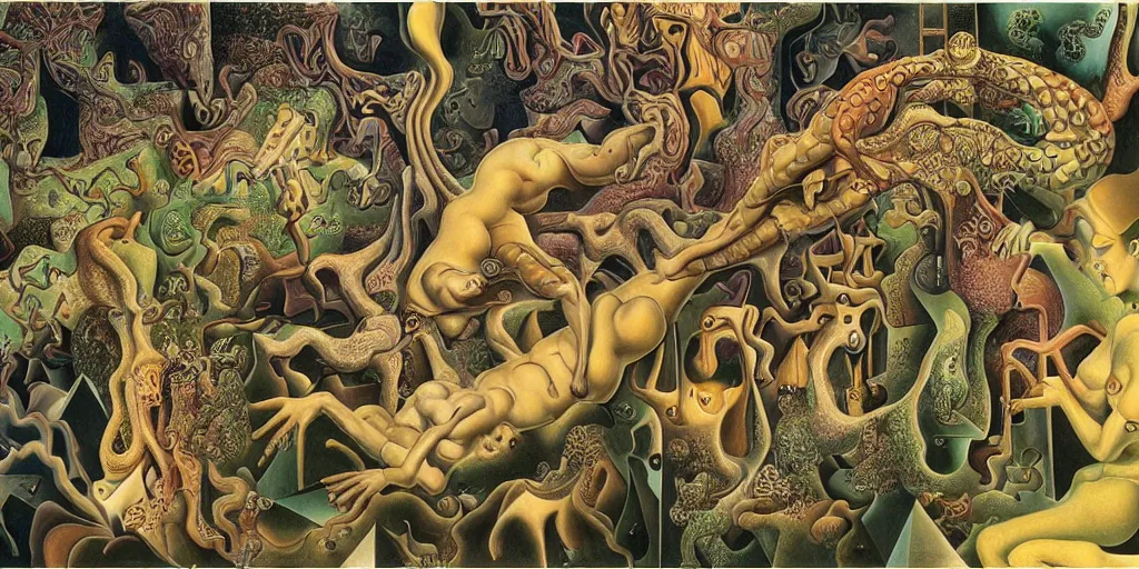 Image similar to basilisk, pain, pleasure, suffering, adventure, love, abstract oil painting by mc escher and salvador dali and raqib shaw