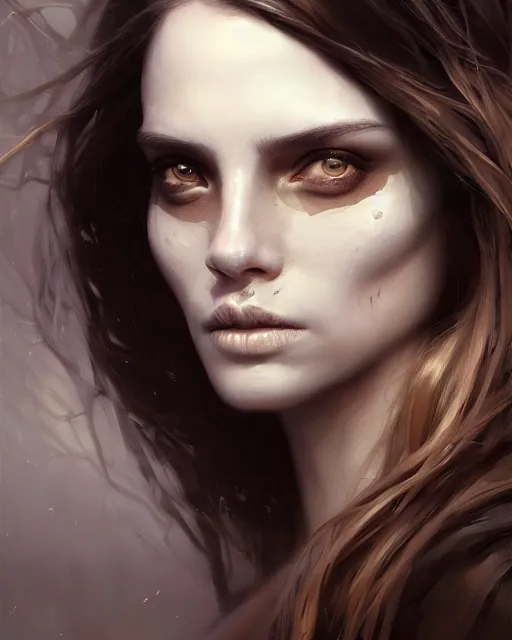 Prompt: epic portrait cinematic shot an woman with a face of a skull, creepy, flowing brown hair, shiny skin, beautiful, fine details. night setting. realistic shaded lighting poster by craig mullism, artgerm, jeremy lipkin and michael garmash, unreal engine, radiant light, detailed and intricate environment, digital art, trending on art station,