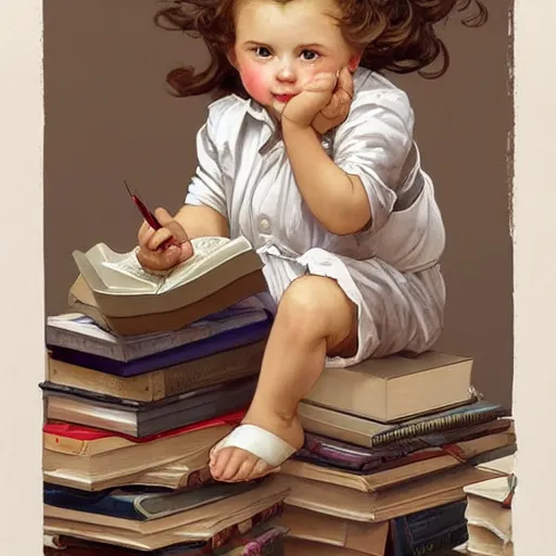 Prompt: a cute little girl with a mischievous face and short brown wavy curly hair sitting on top of a tall pile of books. she is dressed as an astronaut. well composed, clean elegant painting, beautiful detailed face. art by artgerm and greg rutkowski and ( alphonse mucha )