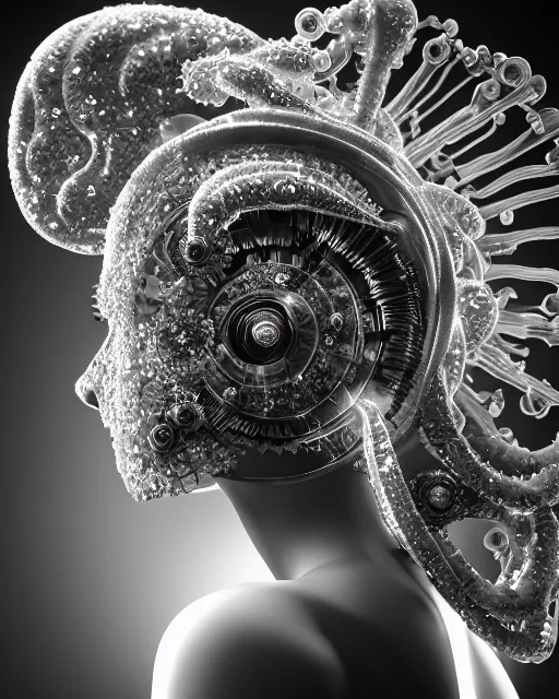 Image similar to mythical dreamy black and white organic translucent bio-mechanical spinal ribbed profile face portrait detail of icy mechanical beautiful female angelic-snow-cyborg, highly detailed, intricate crystal steampunk ornate, poetic, 3D render, digital art, octane render, 8K artistic photography, photo-realistic, by Dora Maar