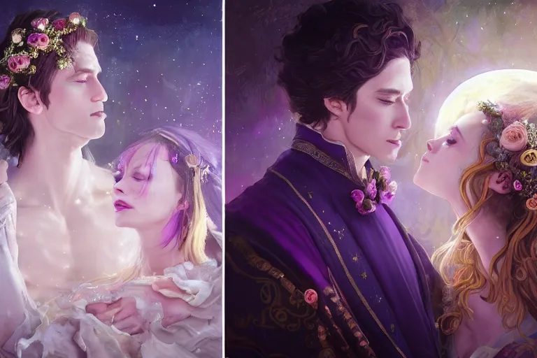 Image similar to a dreamlike cinematic portrait of wedding photograph close up moment of a divine a russia sun god and moon goddess lovers magician at a wedding banquet. portraiture. digital painting. artstation. concept art. fantasy wedding photo. digital painting, 8 k realistic, hyper detailed, violet evergarden art masterpiece by art by krenz cushart