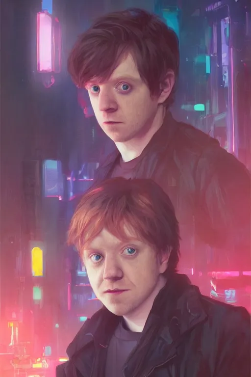 Image similar to portrait of Rupert Grint as Ron Wisly in cyberpunk, neon lighting, night city, digital art from artstation by Ruan Jia and Mandy Jurgens and Artgerm and william-adolphe bouguereau and Greg Rutkowski