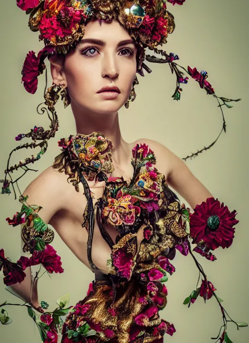 Image similar to full body environmental portrait photo of a young and beautiful female model, ornate headpiece made from flowers, ornaments, glamour shot by gemmy woud - binnendijk, chris knight, photorealistic, canon r 3, fashion photography, ornate, symmetrical features, octane render, unreal engine, solid dark background, clamp shell lighting, rim lighting