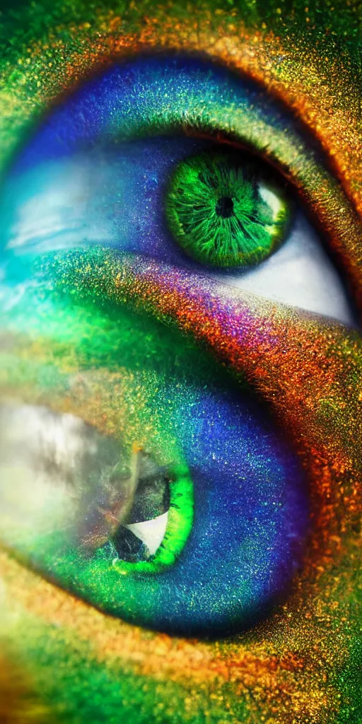 Image similar to hyper realistic photo of beautiful green eye reflecting a sky full of a billion rainbow stars, hyper realistic, fractal art, art station, coherent design, symmetrical, vivid colour, complementary colour, golden ratio, detailed, sharp lines, intricate, rainbow shift, in unreal 3 d engine, ray tracing, octane render