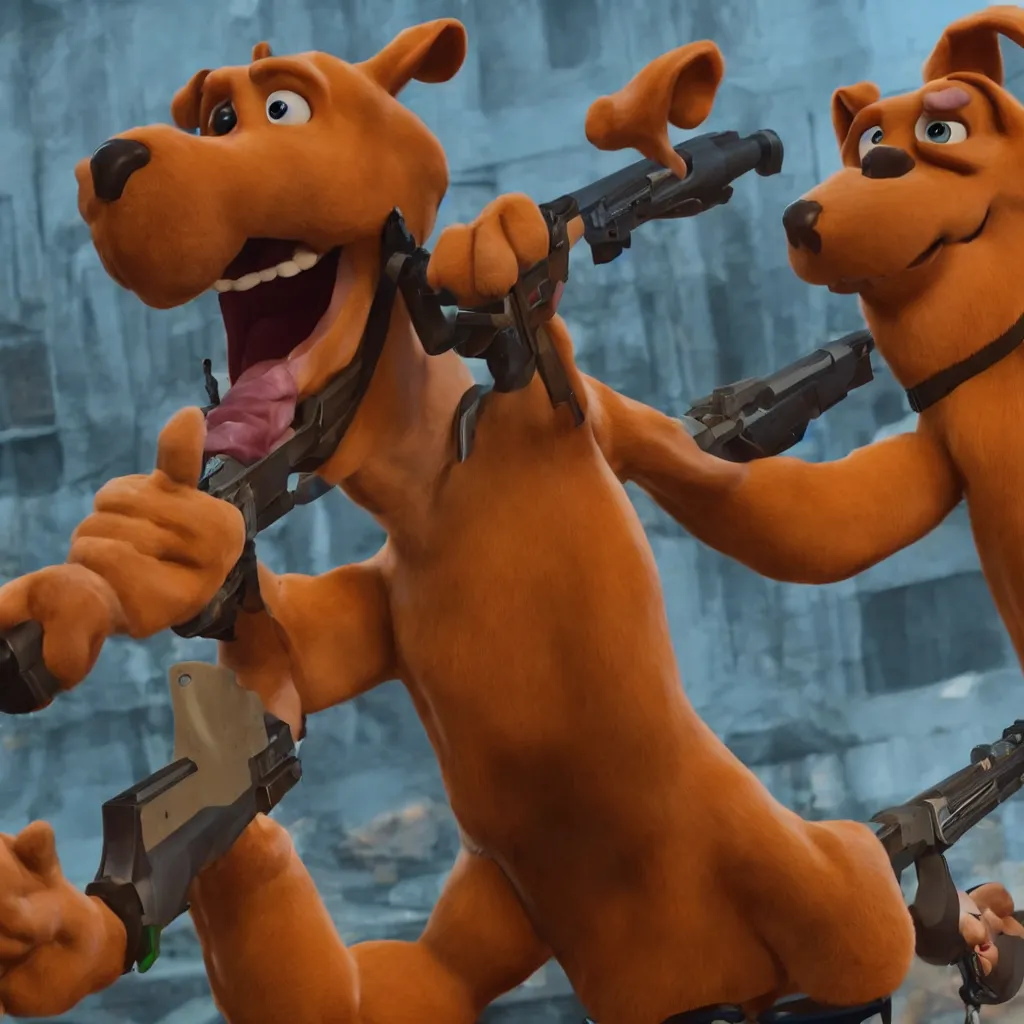 Image similar to scooby doo holding a shotgun in his mouth, unreal engine, 4 k, ray - tracing,