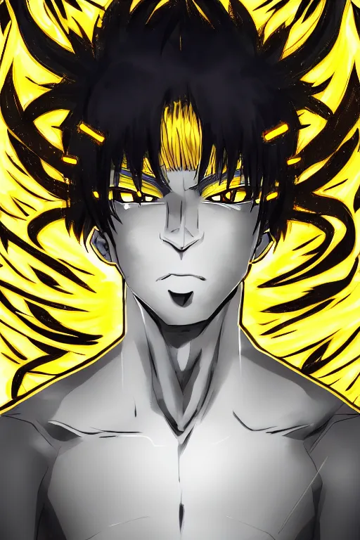 Image similar to glowing black male anime character, golden hair, yellow eyes, symmetrical, highly detailed, digital art, sharp focus, trending on art station, crazy hair, electricity superpowers, anime art style