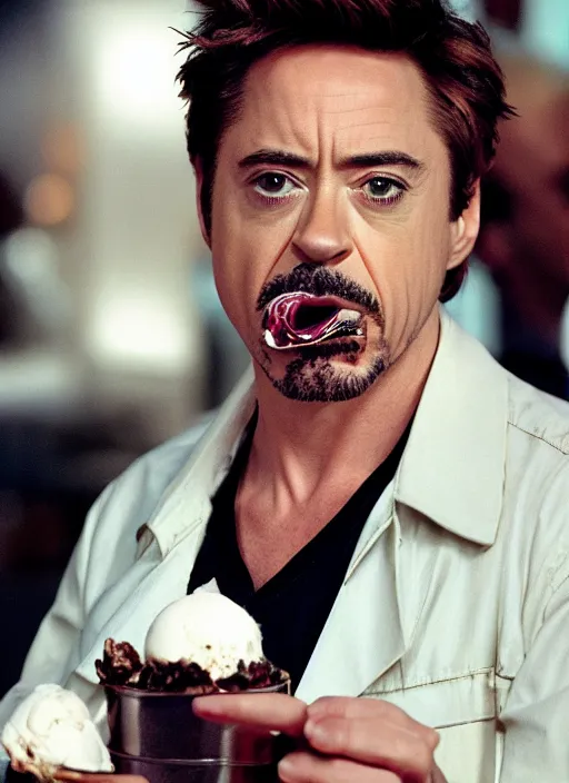 Image similar to a full portrait photo of robert downey jr eating ice cream in movie iron man, f / 2 2, 3 5 mm, 2 7 0 0 k, lighting, perfect faces, award winning photography.