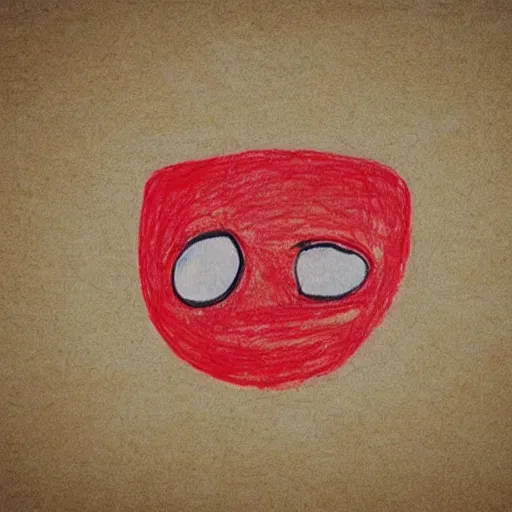 Image similar to primitive drawing of smiling circle face with thumb up hand and red eyes. Сhild drawing picture