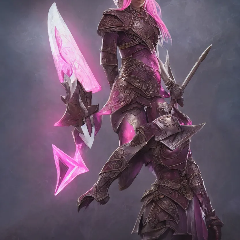 Prompt: beautiful well built pink short haired half elf woman healer wearing cleric armor and holding a shield, dungeons and dragons, character portrait, character design, full rendered illustration, 4 k, 8 k, hyper detailed, back lighting, cinematic lighting, intrinsic detail