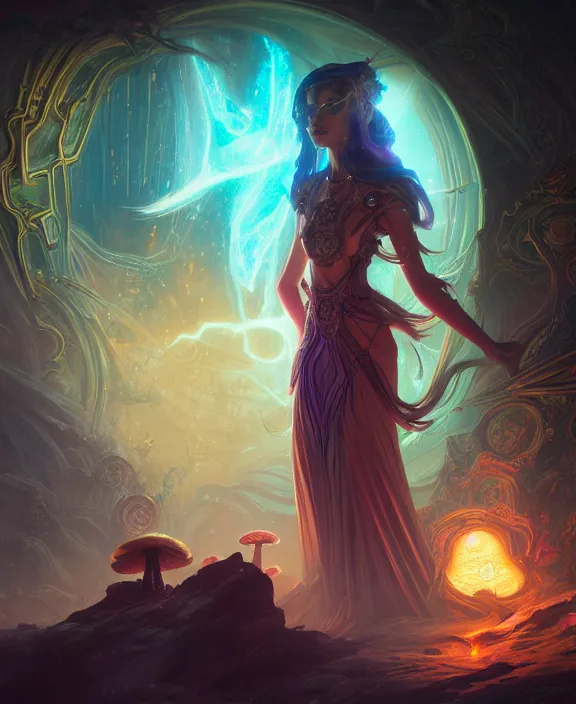 Image similar to whirlwind souls inside metaverse, half body, glowin eyes, tiara, pharaoh, forest, mushrooms, antiques, cyberpunk face, by loish, d & d, fantasy, intricate, elegant, highly detailed, colorful, vivid color, digital painting, artstation, concept art, art by artgerm and greg rutkowski and alphonse mucha and ruan jia