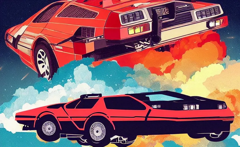 Prompt: a red delorean with a yellow tiger, art by hsiao - ron cheng & shinya edaki in a magazine collage style, # de 9 5 f 0