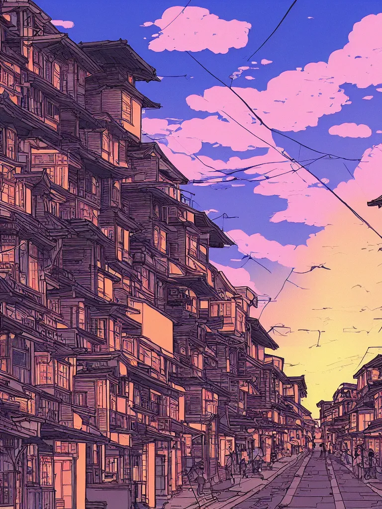 Image similar to a digital art of a close up view of a japanese street of low houses, pedestrians, sunset, beautiful sky and clouds, by laurie greasley, artstation, studio ghibli color scheme