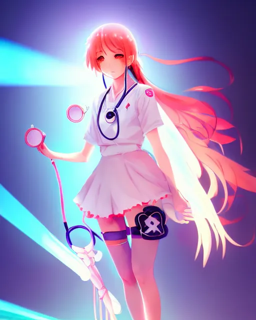 Image similar to anime style, vivid, expressive, full body, 4 k, painting, a cute magical girl with a long wavy hair wearing a nurse outfit, correct proportions, stunning, realistic light and shadow effects, neon lights, studio ghibly makoto shinkai yuji yamaguchi