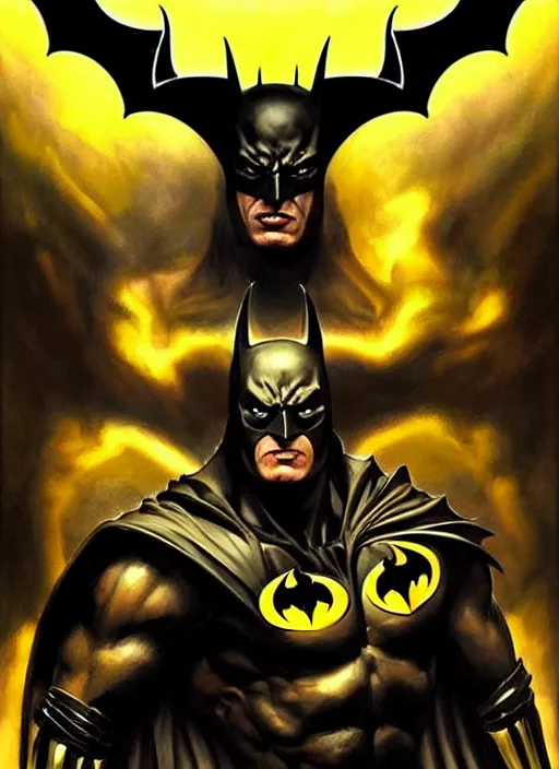 Image similar to portrait of aggressive demonic damned batman, d & d, muscular! athetic slim bodybuilder, yellow and black color scheme, futuristic, sci fi, dynamic pose, fantasy, intricate, elegant, highly detailed, digital painting, artstation, concept art, smooth, sharp focus, illustration, art by artgerm and greg rutkowski and alphonse mucha