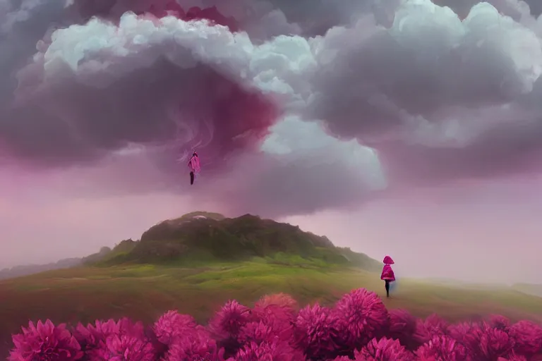 Image similar to giant dahlia flower as a head, girl walking on mountain, surreal photography, pink storm clouds, dramatic light, impressionist painting, digital painting, artstation, simon stalenhag
