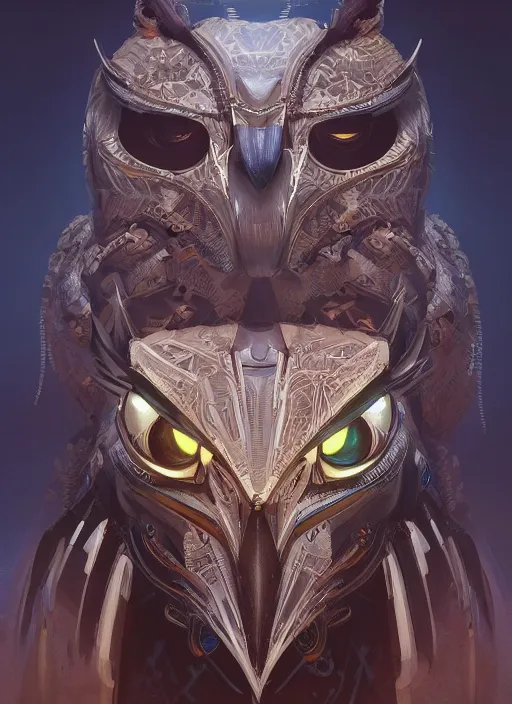 Prompt: symmetry!! portrait of owl alien in the style of horizon zero dawn, machine face, intricate, elegant, highly detailed, digital painting, artstation, concept art, smooth, sharp focus, illustration, art by artgerm and greg rutkowski and alphonse mucha, 8 k