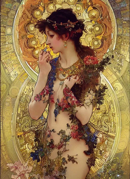 Prompt: an woman in an elaborate and ornate dress lies surrounded by jewels. painting by artgerm and greg rutkowski and alphonse mucha.