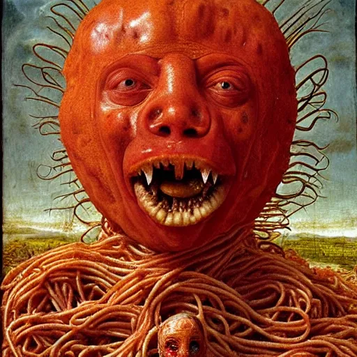 Image similar to a boy made of spaghetti and tomato sauce riding on a giant rhino, looking straight into camera, screaming in pain, by giuseppe arcimboldo and ambrosius benson, renaissance, fruit, intricate and intense oil paint, a touch of beksinski and hr giger and edward munch, realistic