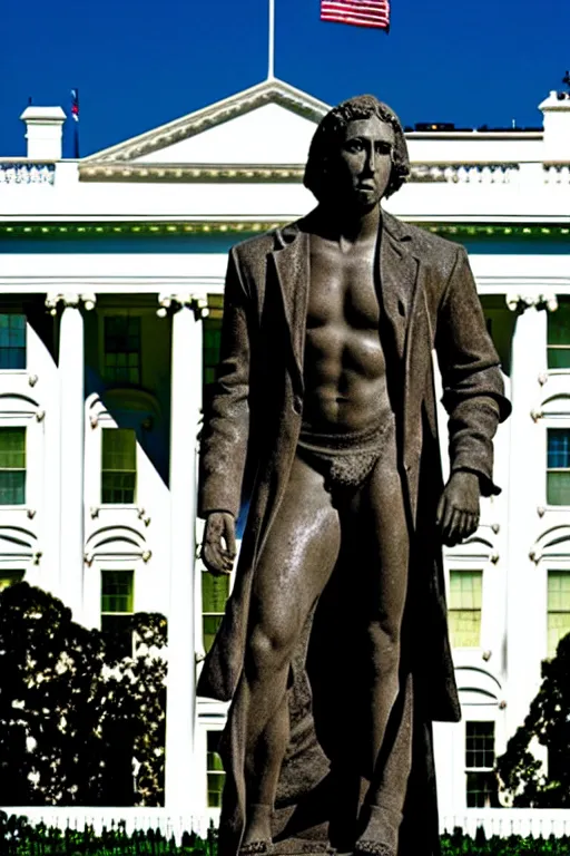 Image similar to A beautiful stone statue of Nicholas Cage in front of the White House, photo by Steve McCurry, heroic pose, detailed, smooth