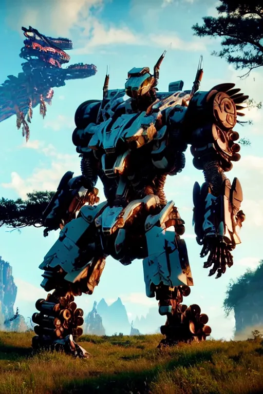 Image similar to a cinematic still from horizon zero dawn and pacific rim and westworld, full body mech, armored core, intact humanoid servo, octane render, nvidia raytracing demo, masterpiece, aged armor plating, decipticon armor plating, aggressive head, endoekeleton exposure