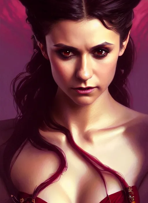 Image similar to portrait of nina dobrev as a sultry vampire queen, jewelry, greek, ruby, intricate, headshot, highly detailed, digital painting, artstation, concept art, sharp focus, cinematic lighting, illustration, art by artgerm and greg rutkowski, alphonse mucha, cgsociety