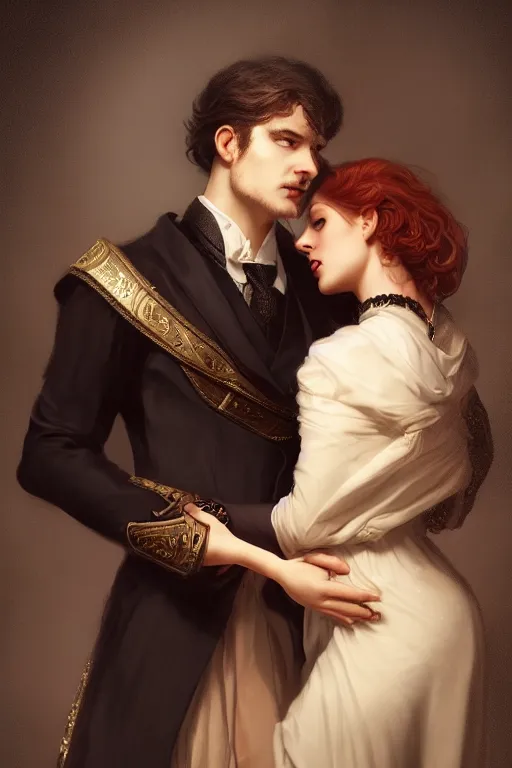 Prompt: a portrait of handsome young evil male Satan and his elegant beautiful wife, bored, illustration, dramatic lighting, soft details, painting oil on canvas, octane render, HDR, 4k, 8k, HD, by Edmund Blair Leighton, Brom, Charlie Bowater, trending on artstation,