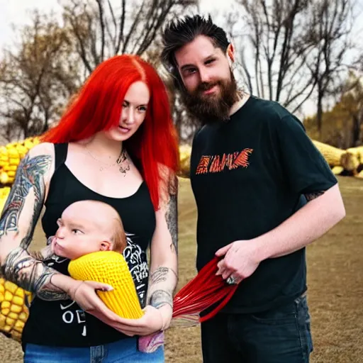 Image similar to photo of a slender attractive couple. The woman has long straight red orange hair. The man has a dark thick neatly groomed beard and tattoos. They are holding a giant corn and a cute baby.