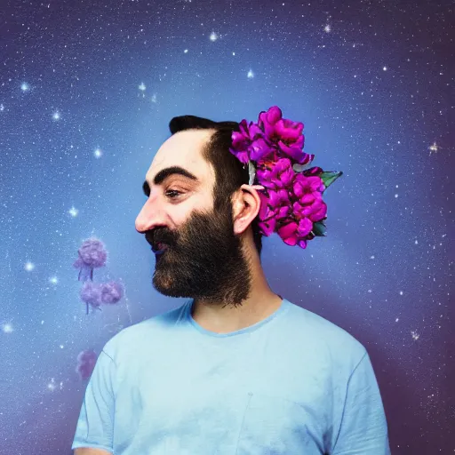 Image similar to a portrait of a man with flowers in the beard, roses peonies forget-me-nots dahlias lupins gladioli, sky theme in background, 35mm Photograph, 4K Resolution, Astrophotography, Digital Art, Trending on artstation