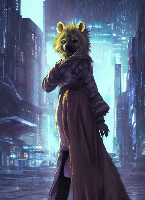 Image similar to character portrait of a female anthro hyena fursona with a cute beautiful attractive furry face and long black curly hair wearing jedi robes in a cyberpunk city at night while it rains. hidari, color page, tankoban, 4K, tone mapping, Akihiko Yoshida.