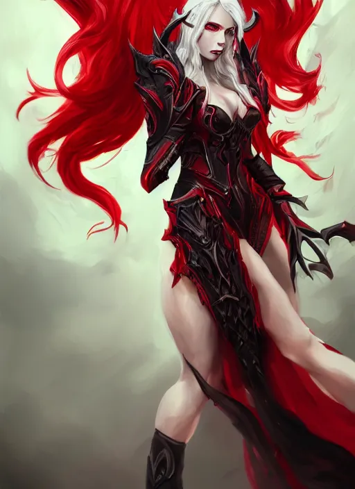 Image similar to a highly detailed illustration of fierce beautiful long white haired horned demon woman wearing red and black battle dress, dramatic imposing pose, perfect face, perfect body, intricate, elegant, highly detailed, centered, digital painting, artstation, concept art, smooth, sharp focus, league of legends concept art, wlop.