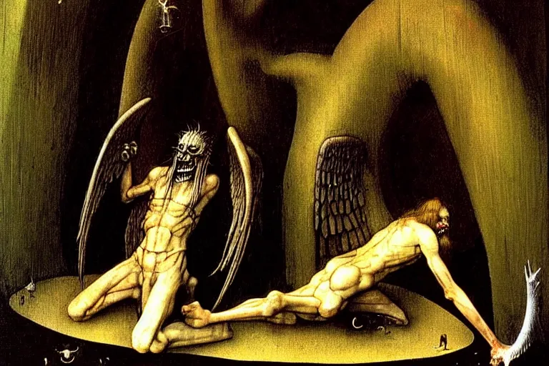 Image similar to fallen angel begs to enter the gates of hell by les edwards and hieronymus bosch