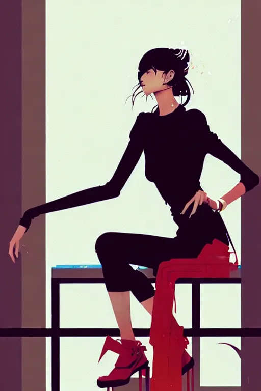 Image similar to a ultradetailed beautiful panting of a stylish woman sitting in a cafe, by conrad roset, greg rutkowski and makoto shinkai, trending on artstation