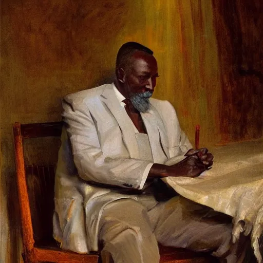 Image similar to a painting of a well fed, thinker, thoughtful, focused, visionary, calm, jovial, loving, daddy/fatherly, generous, no facial hair, elegant elder and his on from Kenya by Henry Ossawa Tanner . dramatic angle, ethereal lights, details, smooth, sharp focus, illustration, realistic, cinematic, artstation, award winning, rgb , unreal engine, octane render, cinematic light, macro, depth of field, blur, red light and clouds from the back, highly detailed epic cinematic concept art CG render made in Maya, Blender and Photoshop, octane render, excellent composition, dynamic dramatic cinematic lighting, aesthetic, very inspirational, arthouse.