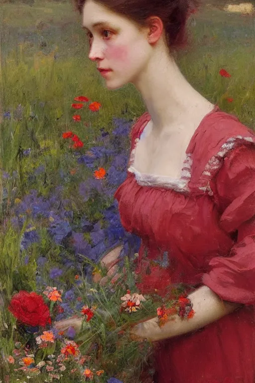 Image similar to Solomon Joseph Solomon and Richard Schmid and Jeremy Lipking victorian genre painting portrait painting of an beautiful slender cottagecore girl in an open field of flowers, red background