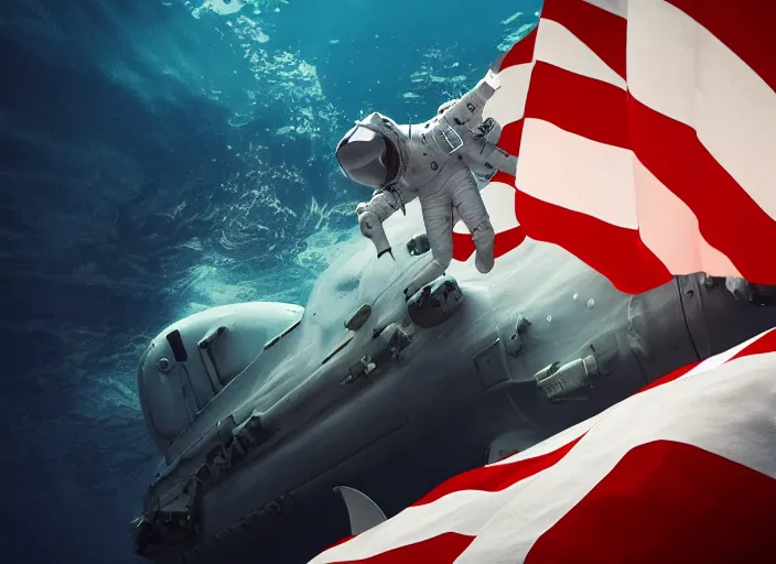 Image similar to astronaut underwater putting a flag on the bottom of the ocean. in the background, a submarine is visible. dark, cinematic, dramatic, digital art, blender, photorealistic, octane render, 8 k, volumetric lighting, trending on artstation