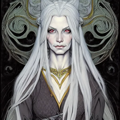 Image similar to portrait painting of a witch elf with long grey hair, sharp focus, award - winning, trending on artstation, masterpiece, highly detailed, intricate. art by rebecca guay