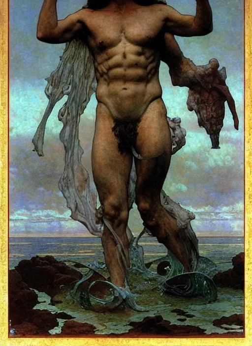 Prompt: hyper realistic painting of poseidon in the style of wayne barlowe, gustav moreau, goward, gaston bussiere and roberto ferri, santiago caruso, and austin osman spare, bouguereau, alphonse mucha, saturno butto, beksinski, sorayama, donato giancola and moebius. occult art, alchemical diagram