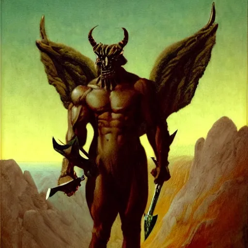 Prompt: Mixed media art. a large, muscular demon-like creature with wings, standing in a dark, hellish landscape. The creature has red eyes and sharp teeth, and is holding a large sword in one hand. by Jimmy Ernst, by Martin Johnson Heade mild