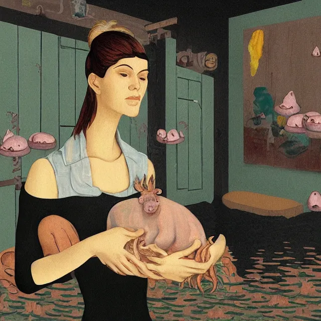 Image similar to tall female emo artist holding a pig in her flooded apartment, mushrooms, octopus, water gushing from ceiling, painting of flood waters inside an artist's apartment, a river flooding indoors, pomegranates, pigs, ikebana, zen, river, rapids, waterfall, black swans, canoe, berries, acrylic on canvas, surrealist, by magritte and monet