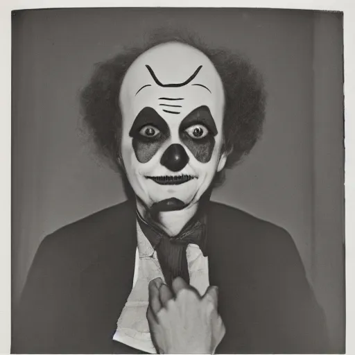 Prompt: portrait of a clown by Diane Arbus, 88mm, black and white