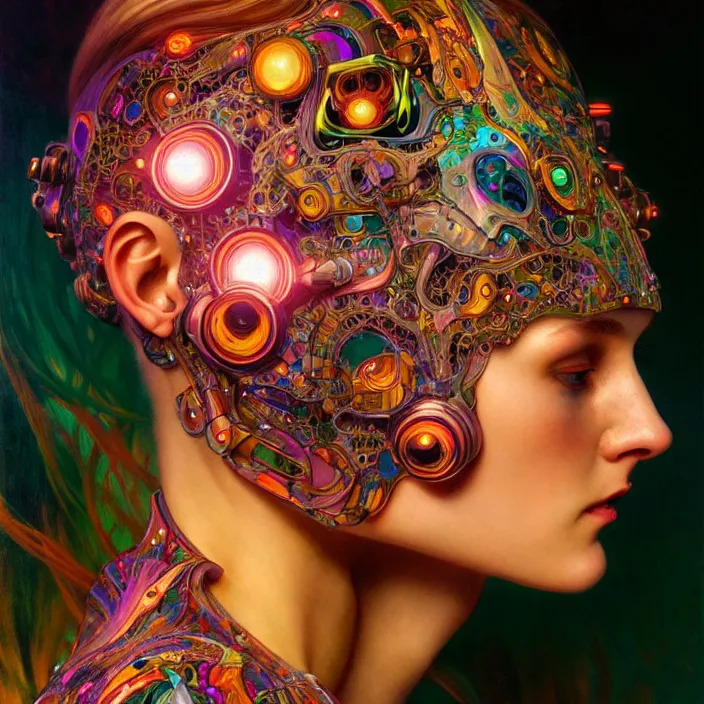 Image similar to bright psychedelic portrait of organic cyborg animal, diffuse lighting, fantasy, intricate, elegant, highly detailed, lifelike, photorealistic, digital painting, artstation, illustration, concept art, smooth, sharp focus, art by John Collier and Albert Aublet and Krenz Cushart and Artem Demura and Alphonse Mucha