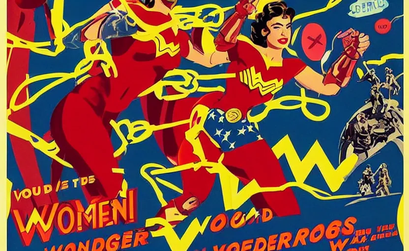 Prompt: ingrid bergman as wonder woman. poster for the 1 9 4 8 film'wonder woman versus the robots '. colourful photographic collage. action. beautiful. powerful.