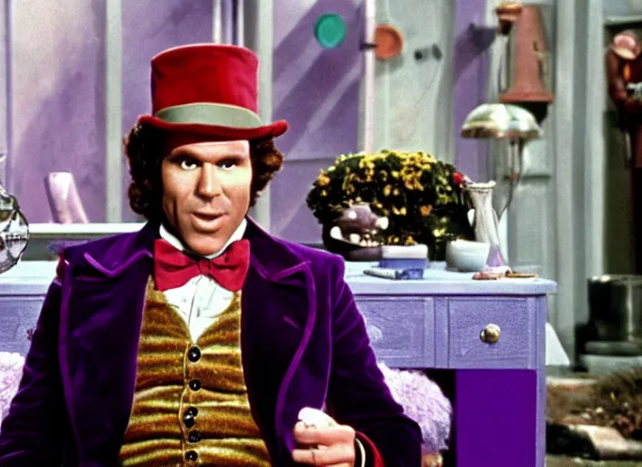 Prompt: film still of Will Farrel as Willy Wonka in Willy Wonka and the Chocolate Factory 1971