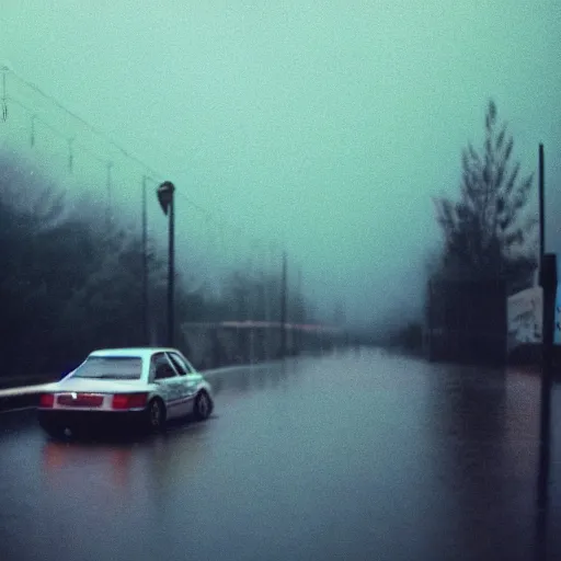 Image similar to 1990s perfect 8K HD professional cinematic photo of a car in dystopian world, at evening during rain, at instagram, Behance, Adobe Lightroom, with instagram filters, depth of field, taken with polaroid kodak portra