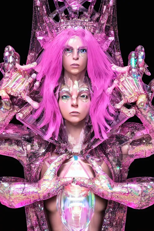 Prompt: hyper detailed ultra sharp fullbody photo of baroque and cyberpunk transparent pink gem sculpture of a muscular seductive muscular italian guido feeling muy cachondo, muy dotado, iridescent humanoid deity wearing pink plastic seethrough cloak, holding a rainbow tiger gem, blue diamond, glowing pink face, crown of white diamonds, cinematic lighting, photorealistic, octane render 8 k