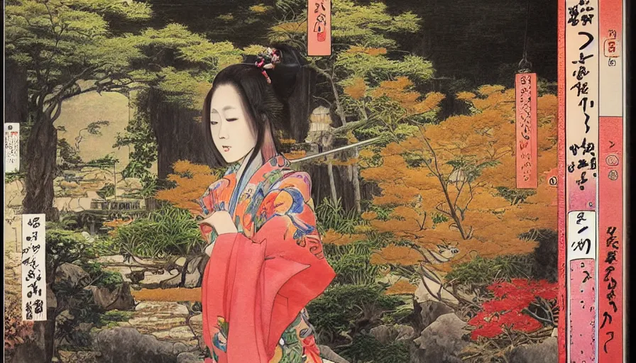 Image similar to noriyoshi ohrai painting of a beautiful girl in japan, looking out a window at a temple garden filled with yokai and spirits, uhd, high detail,