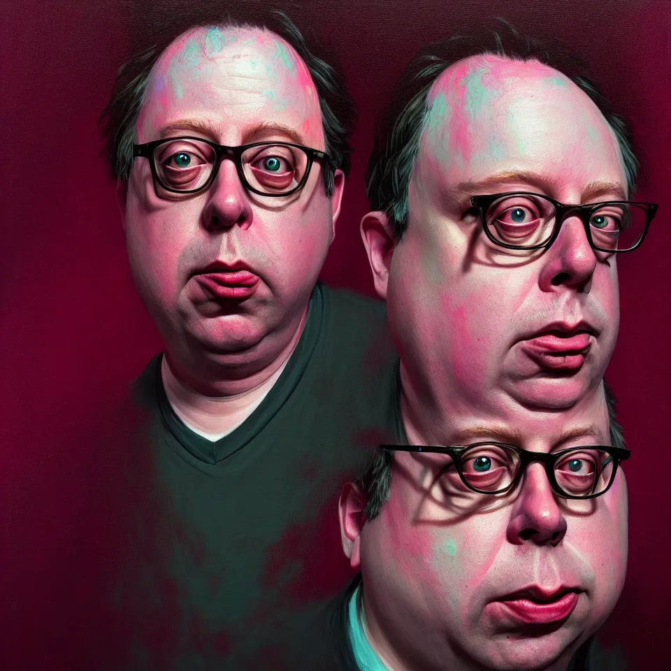 Prompt: bright realistic todd solondz turning into bill hicks, diffuse lighting, fantasy, intricate, elegant, highly detailed, lifelike, photorealistic, digital painting, artstation, illustration, concept art, smooth, sharp focus, art by francis bacon