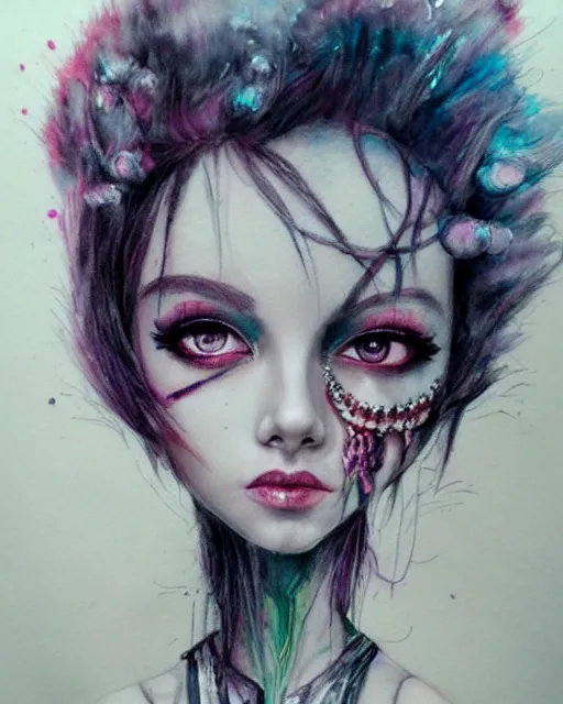 Prompt: detailed pencil portrait with watercolor of a beautiful monster high doll, by sabrina eras, alice x. zhang, agnes cecile, blanca alvarez